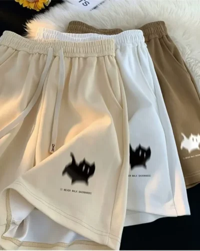 Oversized Shorts Women Gaussian Blur Scares Kittens Print Short Y2k Street Couple Five-point Elastic High Waist Basketball Short