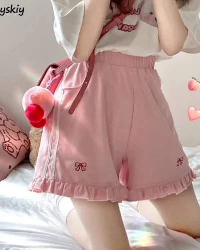 Sporty Shorts Women Ruffles Kawaii Bows Japanese Style Casual Loose Soft High Waist Summer Students Simple Fashion Popular Chic