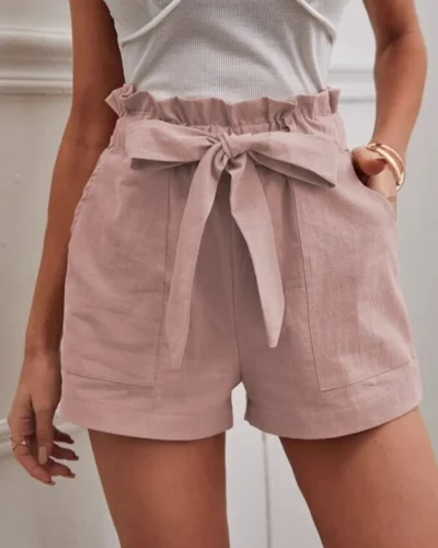 Stylish Solid Color White Shorts Women Pocket Drawstring Casual short Pants Summer Daily Pants