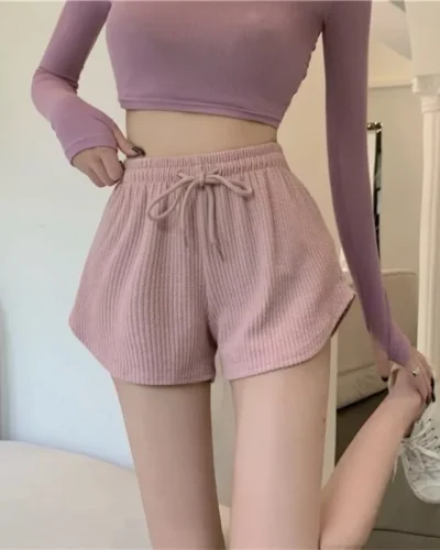 Women Shorts Summer High Elastic Lace Up Drawstring Sleep Bottoms Fitness Running Simple Home Safety Underwear Cool Comfortable