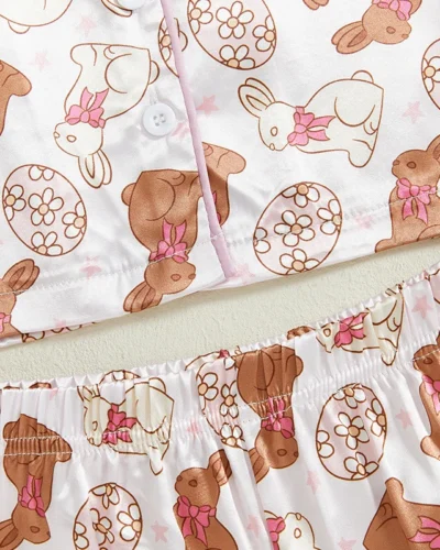 Toddler Girl Easter Satin Pajama Set with Bunny and Carrot Print Long Sleeve Button-up Tops and Pants Sleepwear Outfit 2 Piece