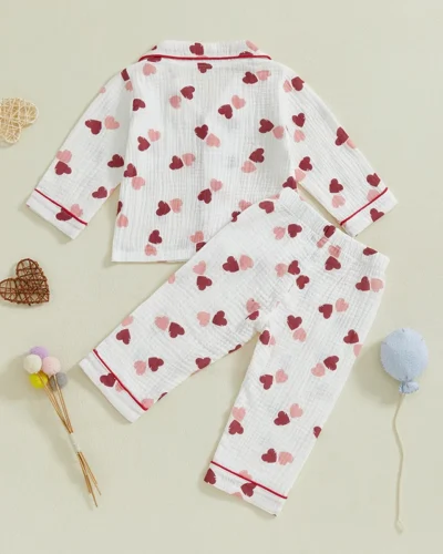 Girls Pajama Set Cute Heart Patterned Long Sleeve Top with Cozy Elastic Waist Pants for a Good Night s Sleep