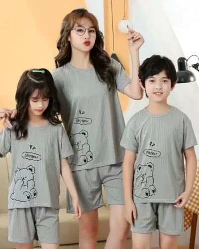 Children's Ice silk Pajama Set Summer Thin Short Sleeve Shorts Ice Silk Suitable For Boys Girls Homewear Set  4 6 8 9 16 Years