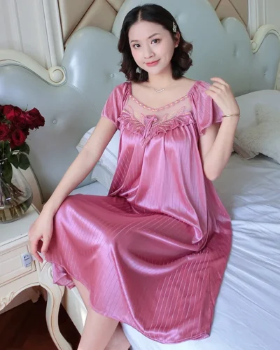 Ladies Nightdress Sexy Ice Lace Large Size Solid Color Flower Pajamas Thin Short-sleeved Lace Skirt Night Dress Women Dress
