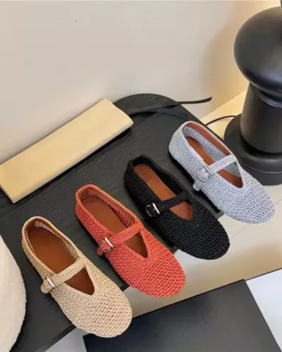 Knitted Hollow Out Flats Mary Janes Shoes Women Spring Summer Breathable Elegant Ballet Shoes Ladies buckle strap Loafers 2025