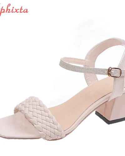 Aphixta 6.5cm Square Heels Summer Buckle Women Sandals Weave Slides Cool Open Toe Flip Flops Sandalias Mujer Plus Size 45 46