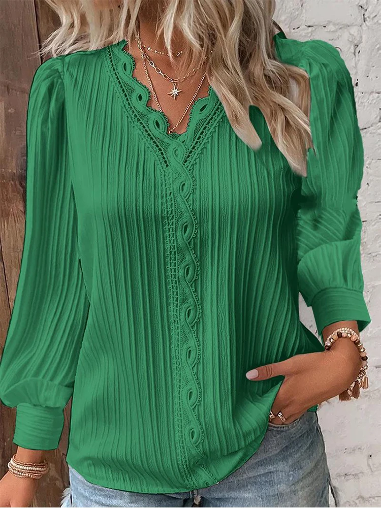 Women's Lace Stitching Shirt Loose Stitching V-neck Long Sleeve Pullover Chiffon Shirt Fall Top Simple Elegant Street Blouse - Image 2