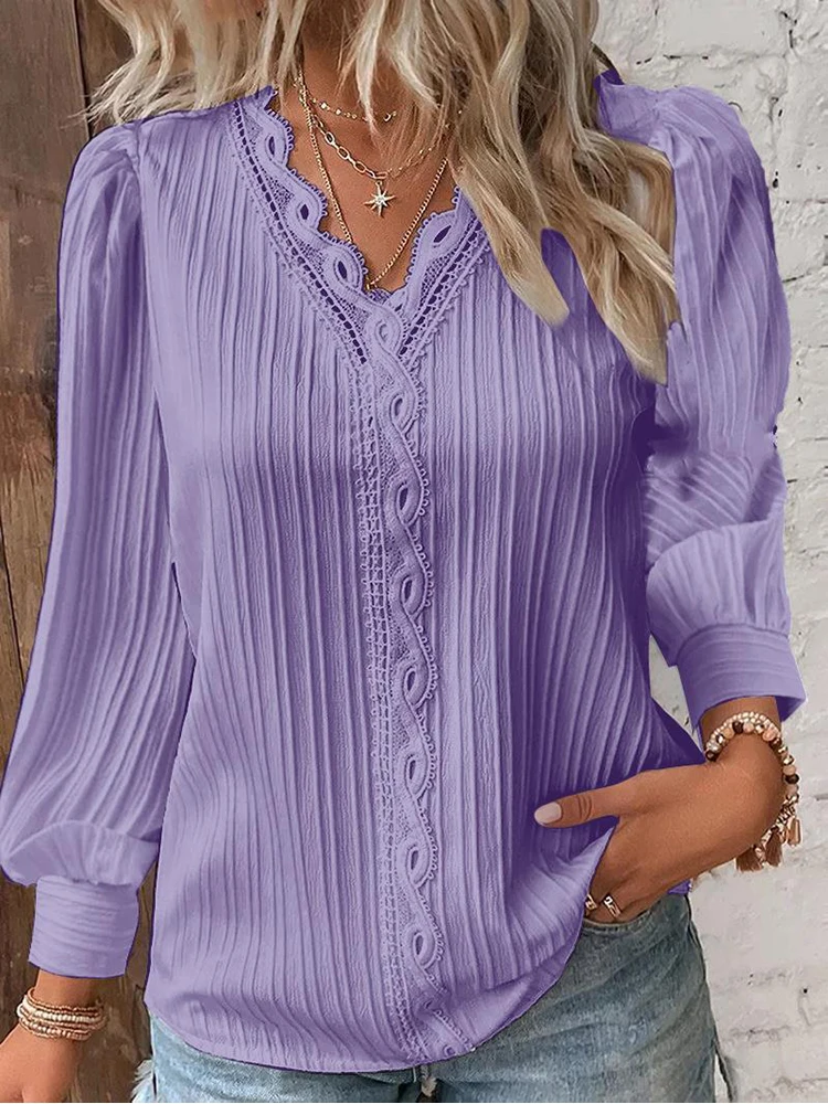Women's Lace Stitching Shirt Loose Stitching V-neck Long Sleeve Pullover Chiffon Shirt Fall Top Simple Elegant Street Blouse - Image 5