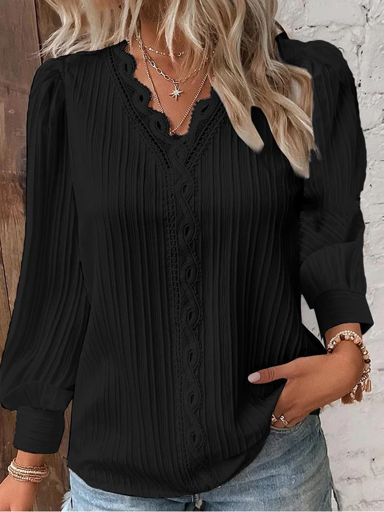Women's Lace Stitching Shirt Loose Stitching V-neck Long Sleeve Pullover Chiffon Shirt Fall Top Simple Elegant Street Blouse - Image 3