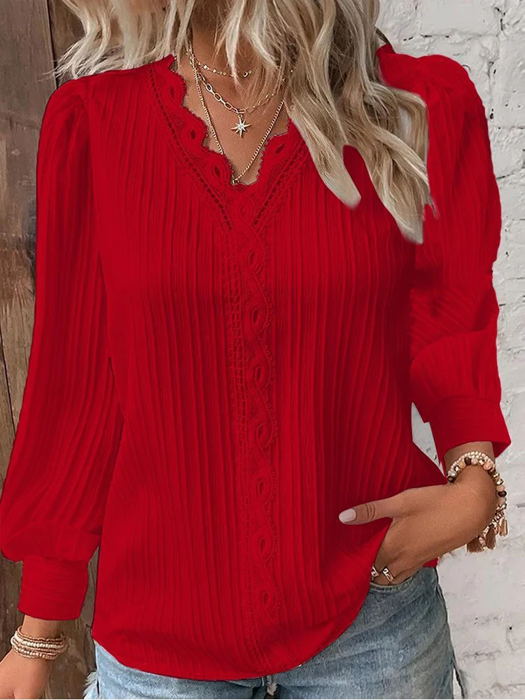 Women's Lace Stitching Shirt Loose Stitching V-neck Long Sleeve Pullover Chiffon Shirt Fall Top Simple Elegant Street Blouse - Image 6
