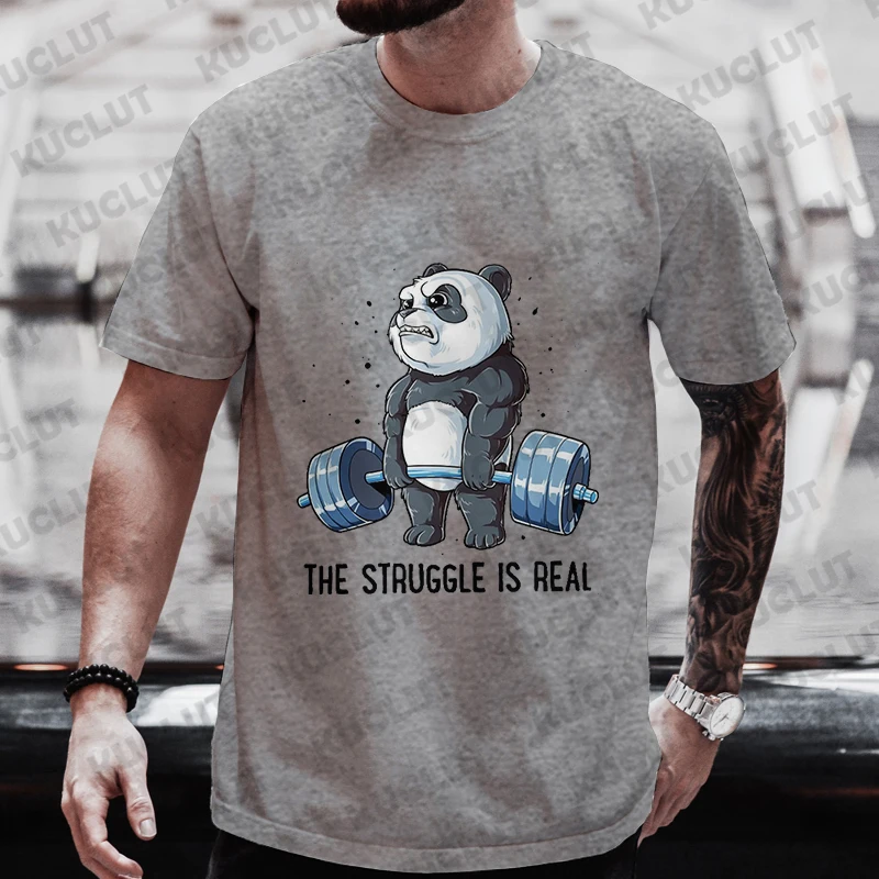 The Struggle Is Real Panda Weightlifting Graphic T Shirt Man Clothes Tops Short Sleeve Men's Brand T-shirt Gym Men's O-neck Tees - Image 4