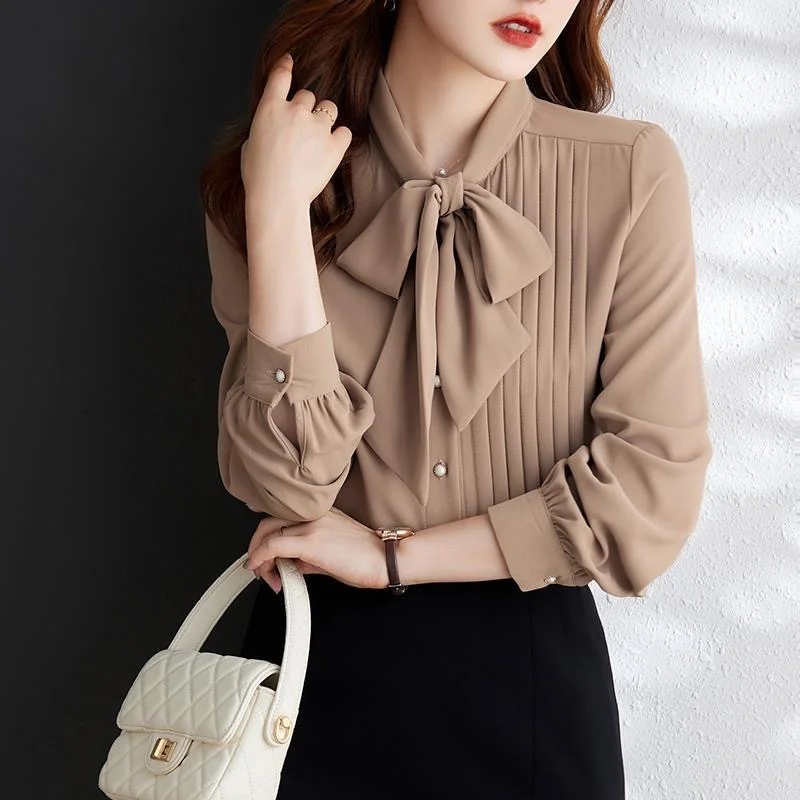 Woman Spring Autumn Style Blouses Shirts Lady Casual Long Sleeve Bow Tie Collar Solid Color Blusas Tops G2650 - Image 6