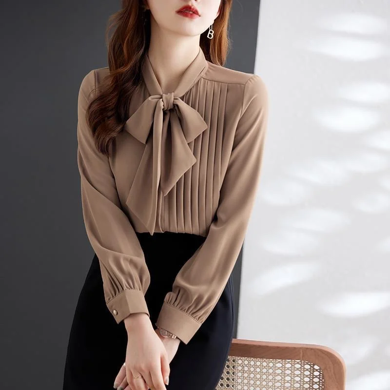 Woman Spring Autumn Style Blouses Shirts Lady Casual Long Sleeve Bow Tie Collar Solid Color Blusas Tops G2650 - Image 3