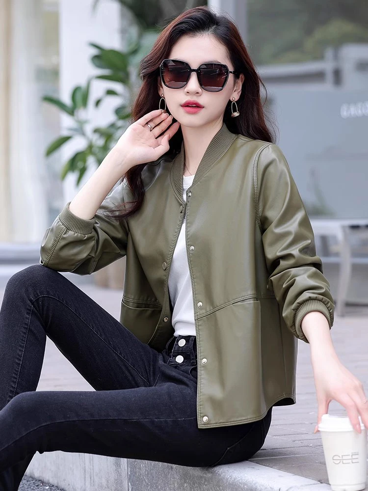 New Women Casual Leather Jacket Spring Autumn Fashion Patchwork V-Neck Single Breasted Loose Short Outerwear Split Leather - Image 2