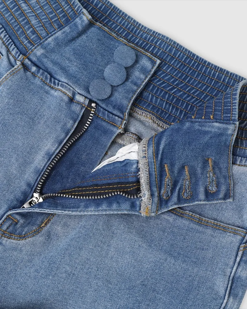 Spring Women Causal Jeans Back Shirred Button Front High Waist Jeans Denim Flare Pants - Image 6