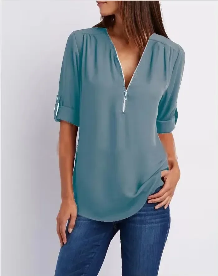 2024 Hot Sale Women Cool Loose Shirt Deep V Neck Chiffon Fashion Blouse Casual Ladies Tops Sexy Zipper Pullover Plus Size - Image 6