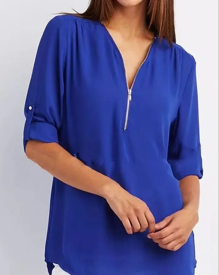 2024 Hot Sale Women Cool Loose Shirt Deep V Neck Chiffon Fashion Blouse Casual Ladies Tops Sexy Zipper Pullover Plus Size - Image 3
