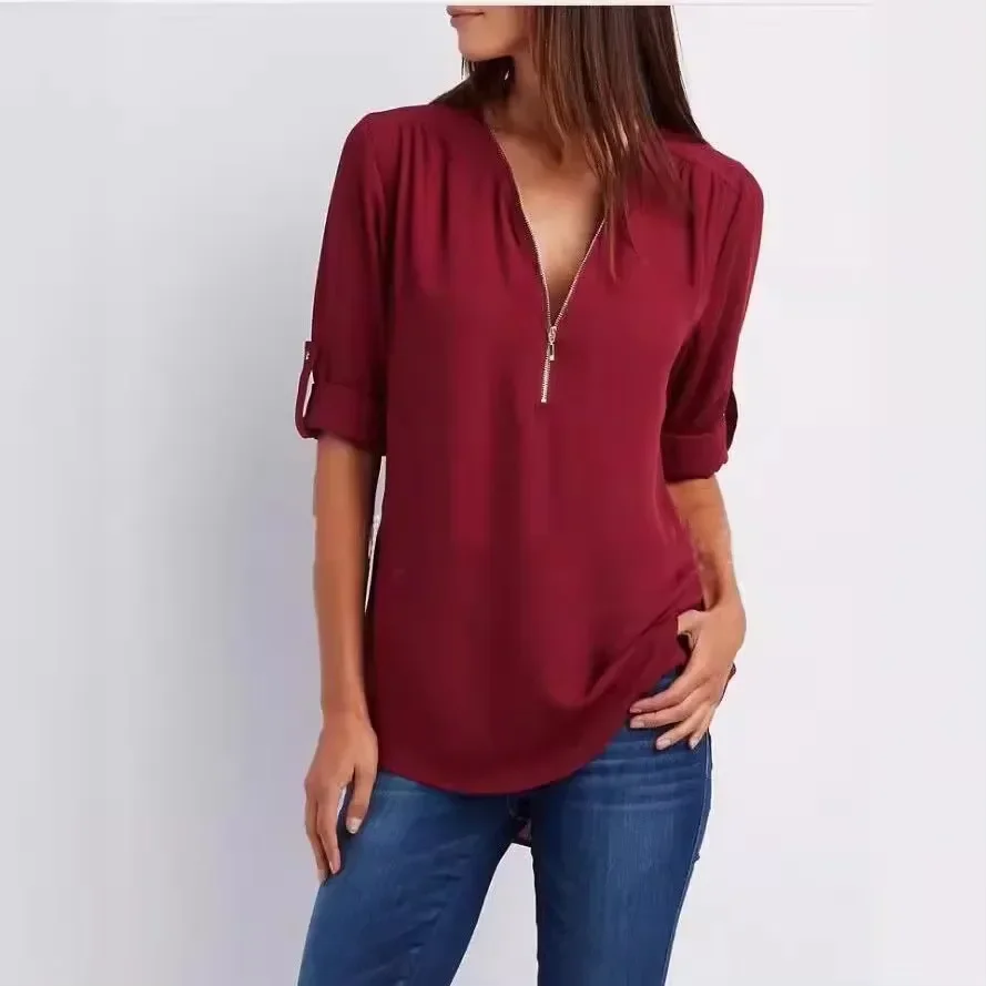 2024 Hot Sale Women Cool Loose Shirt Deep V Neck Chiffon Fashion Blouse Casual Ladies Tops Sexy Zipper Pullover Plus Size - Image 4