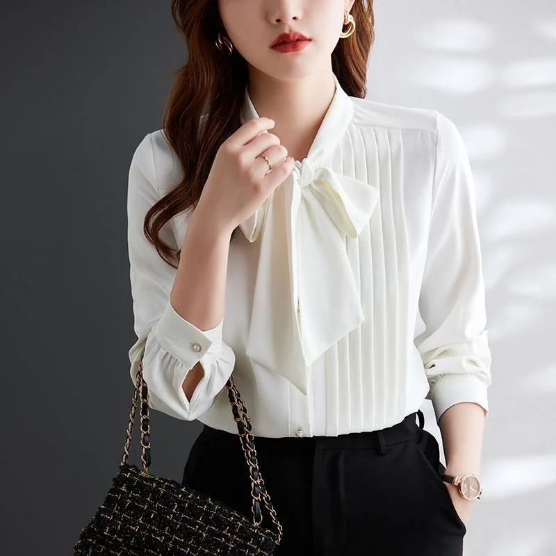 Woman Spring Autumn Style Blouses Shirts Lady Casual Long Sleeve Bow Tie Collar Solid Color Blusas Tops G2650 - Image 2