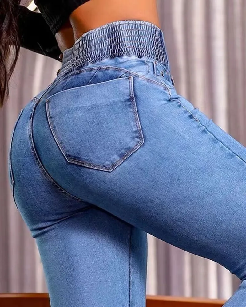 Spring Women Causal Jeans Back Shirred Button Front High Waist Jeans Denim Flare Pants - Image 3