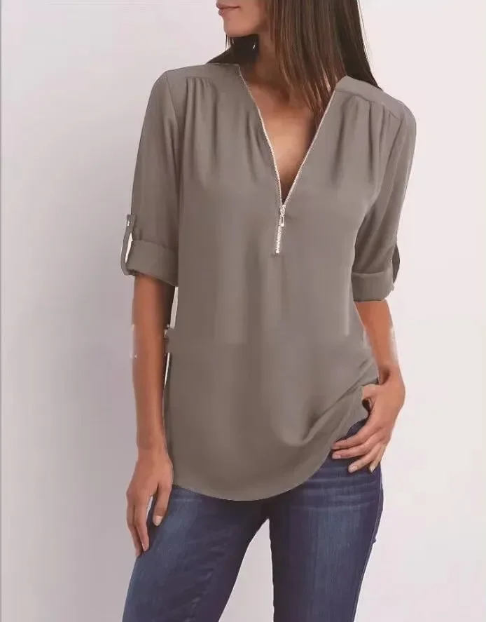 2024 Hot Sale Women Cool Loose Shirt Deep V Neck Chiffon Fashion Blouse Casual Ladies Tops Sexy Zipper Pullover Plus Size - Image 5