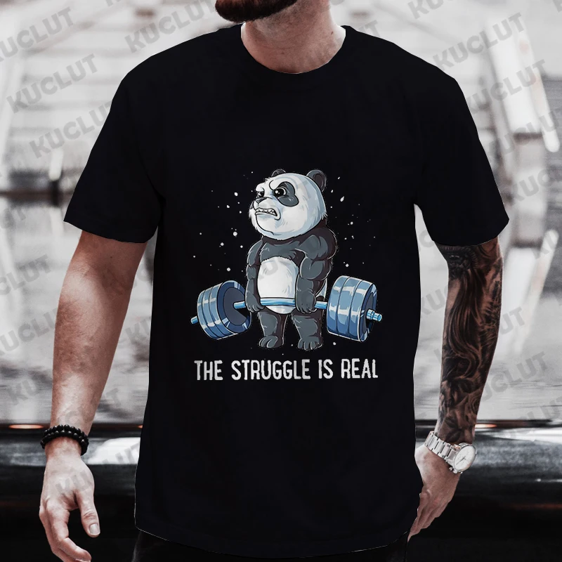 The Struggle Is Real Panda Weightlifting Graphic T Shirt Man Clothes Tops Short Sleeve Men's Brand T-shirt Gym Men's O-neck Tees - Image 2