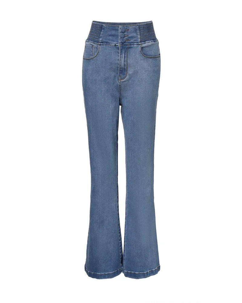 Spring Women Causal Jeans Back Shirred Button Front High Waist Jeans Denim Flare Pants - Image 5
