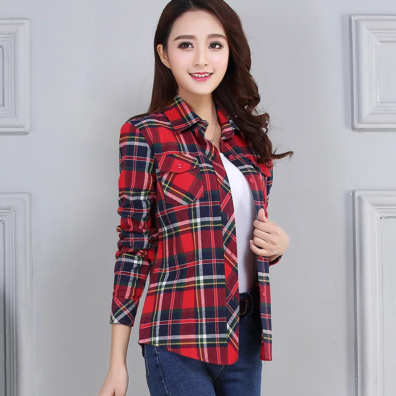 Women's Plaid Shirts 2023 Autumn New Ladies Casual Long Sleeve Pocket Cotton Shirt Fine Elegant Lady Checked Tops Clothes - Image 2