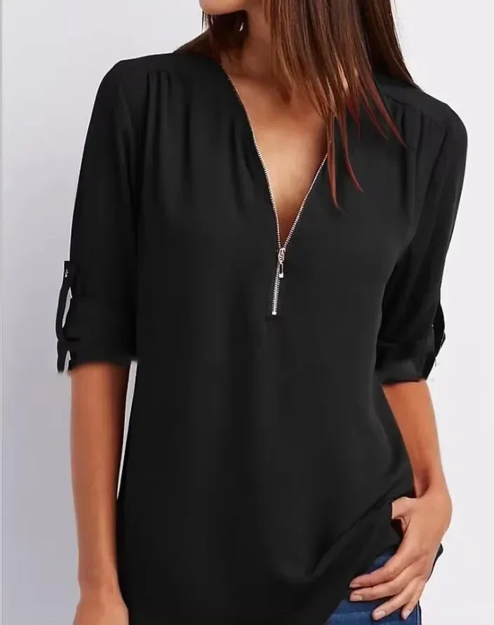 2024 Hot Sale Women Cool Loose Shirt Deep V Neck Chiffon Fashion Blouse Casual Ladies Tops Sexy Zipper Pullover Plus Size - Image 2