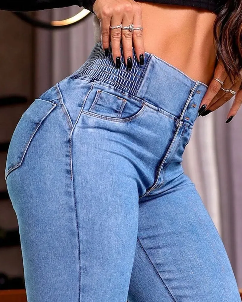 Spring Women Causal Jeans Back Shirred Button Front High Waist Jeans Denim Flare Pants - Image 4