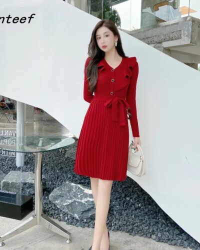 Anteef Long Sleeve Knitted Vintage Pleated Midi Dress Women Spring Autumn Elegant Sweater Dress