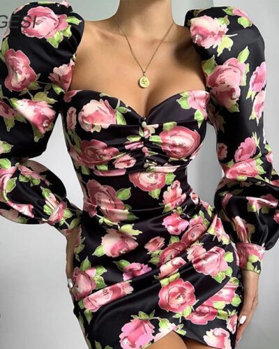 Vintage Floral Bodycon Dress for Women | Puff Sleeve Off-Shoulder Elegant Party & Club Wear