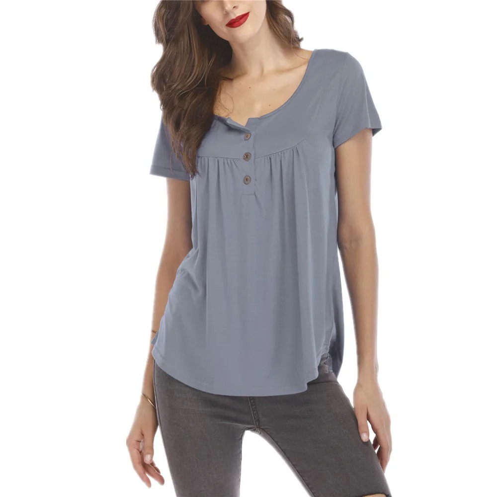 Oversized Women's 5XL Summer Fashion Loose New Short Sleeve Round Neck T-shirt Pleated Stitching Button Loose Short Sleeve Top - Image 6