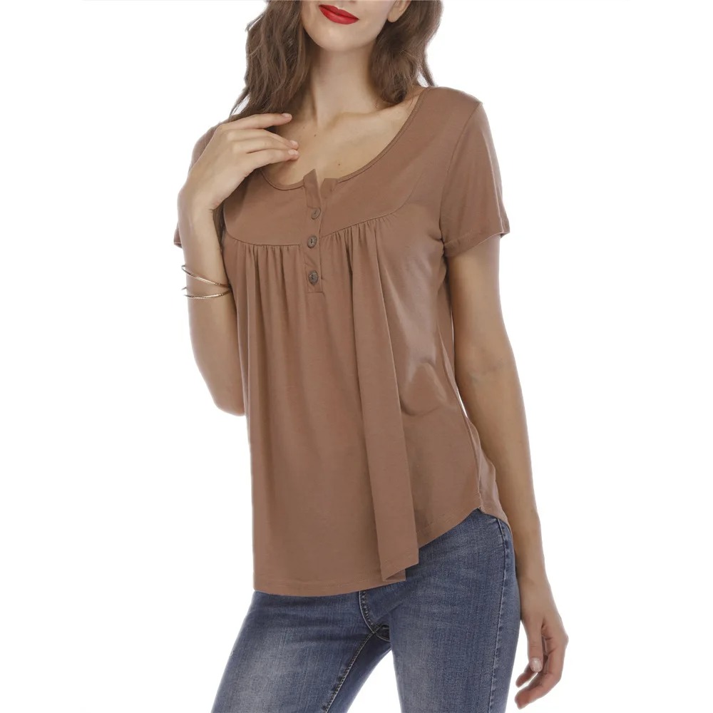 Oversized Women's 5XL Summer Fashion Loose New Short Sleeve Round Neck T-shirt Pleated Stitching Button Loose Short Sleeve Top - Image 4