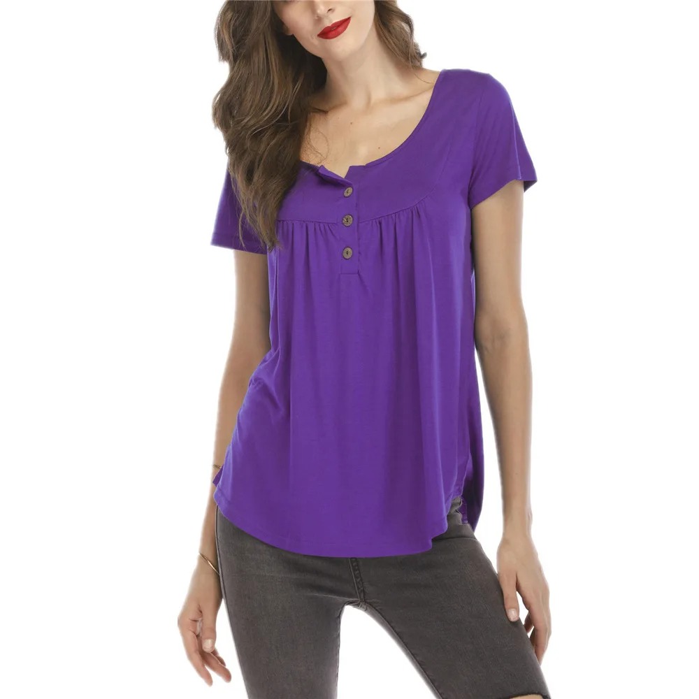 Oversized Women's 5XL Summer Fashion Loose New Short Sleeve Round Neck T-shirt Pleated Stitching Button Loose Short Sleeve Top - Image 5