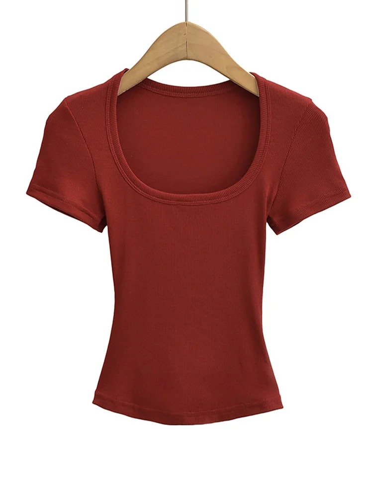 Women’s Square Collar Slim Fit Crop Top – High Stretch Short Sleeve Summer Pullover Blouse - Image 2