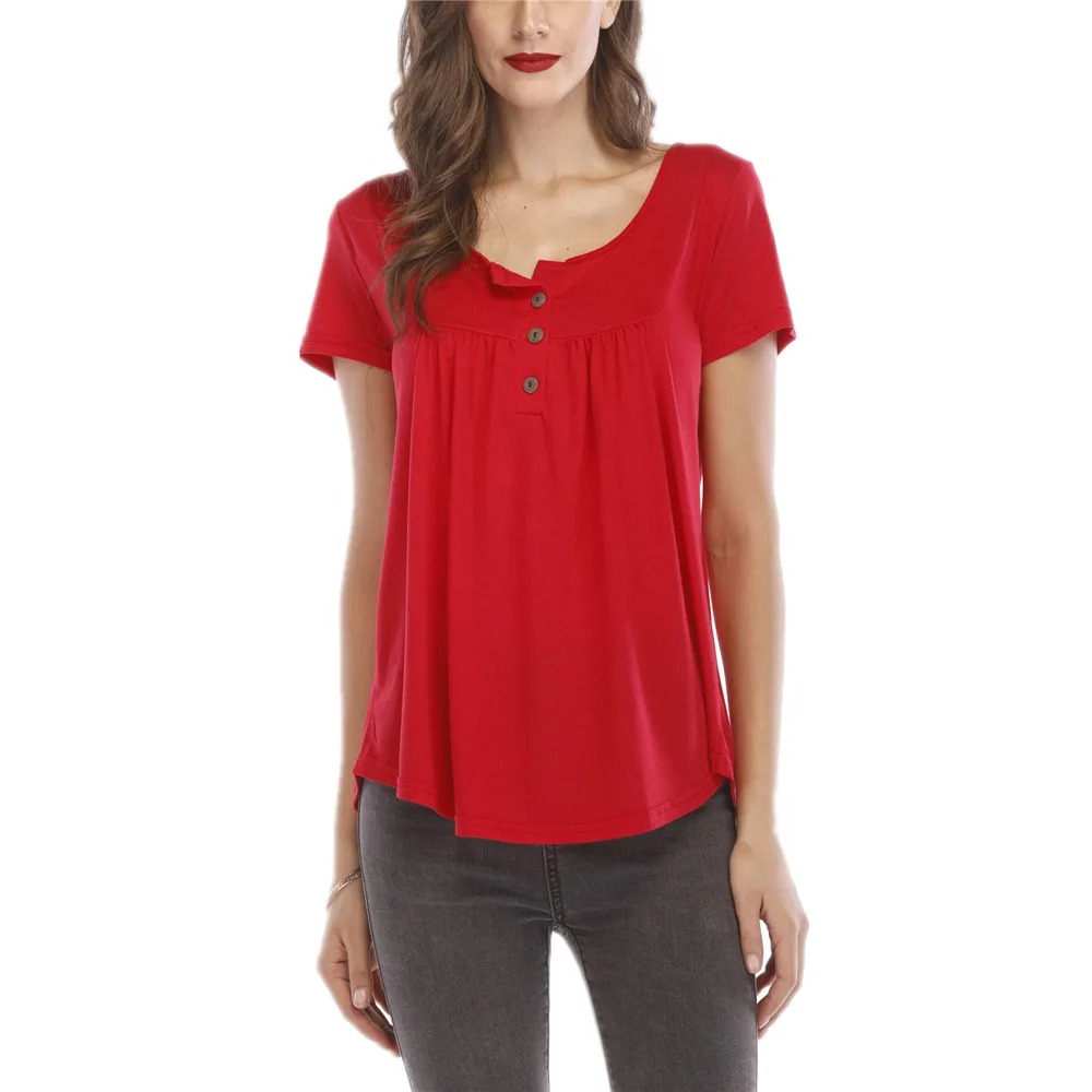 Oversized Women's 5XL Summer Fashion Loose New Short Sleeve Round Neck T-shirt Pleated Stitching Button Loose Short Sleeve Top - Image 3