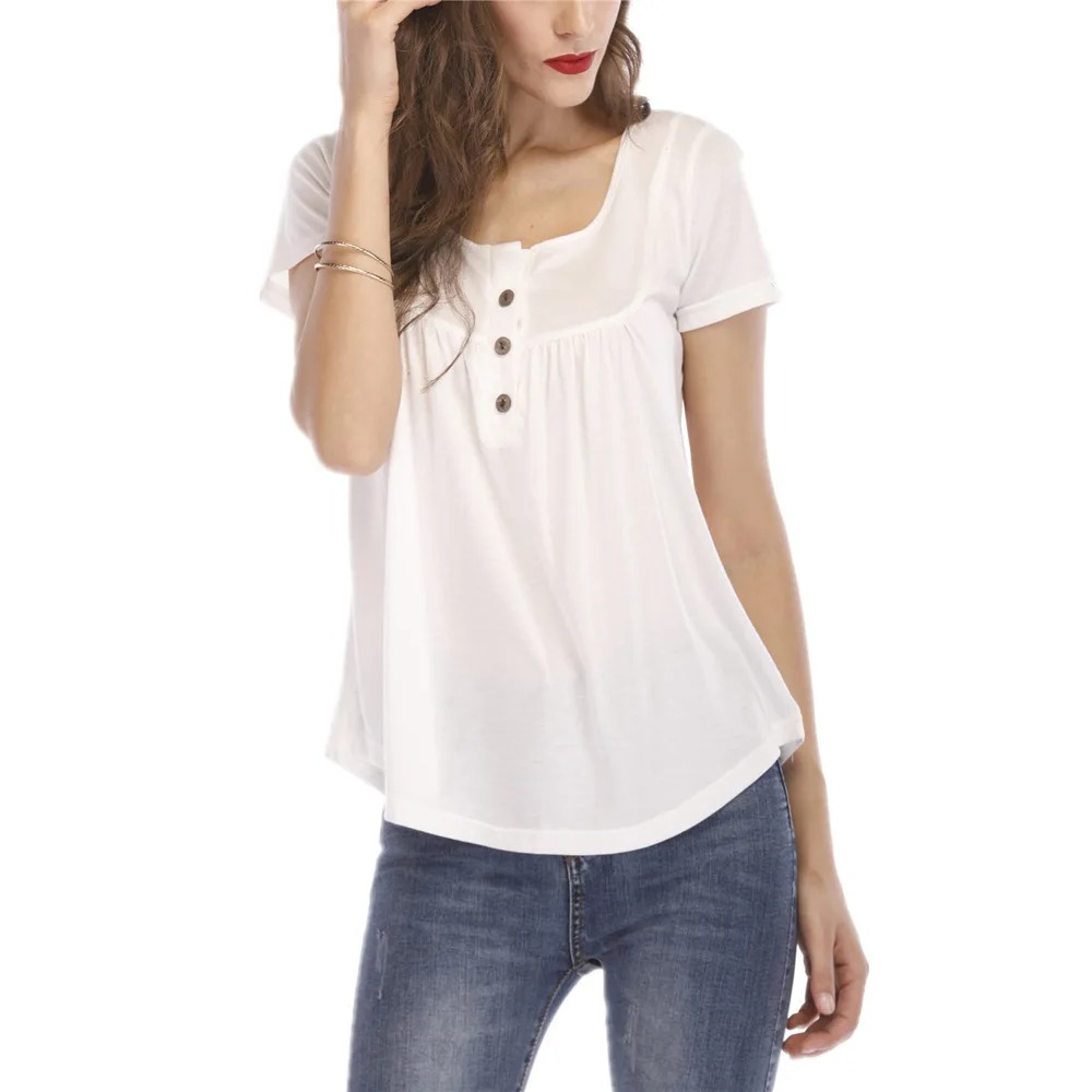 Oversized Women's 5XL Summer Fashion Loose New Short Sleeve Round Neck T-shirt Pleated Stitching Button Loose Short Sleeve Top - Image 2