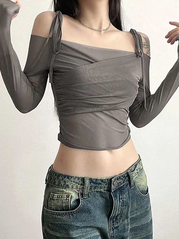 Women’s Y2K Streetwear Slash Neck Off-Shoulder Long Sleeve Mesh Crop Top – Slim Fit Straps Tee - Image 6