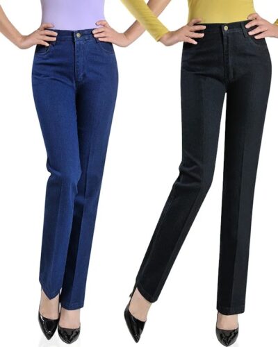 2025 Women High Waist Stretch Jeans Plus Size Straight Denim Pants Middle Aged Mother Casual Trousers