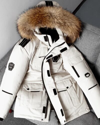 Men’s Winter Down Jacket – Hooded White Duck Down Parka with Detachable Fur Collar