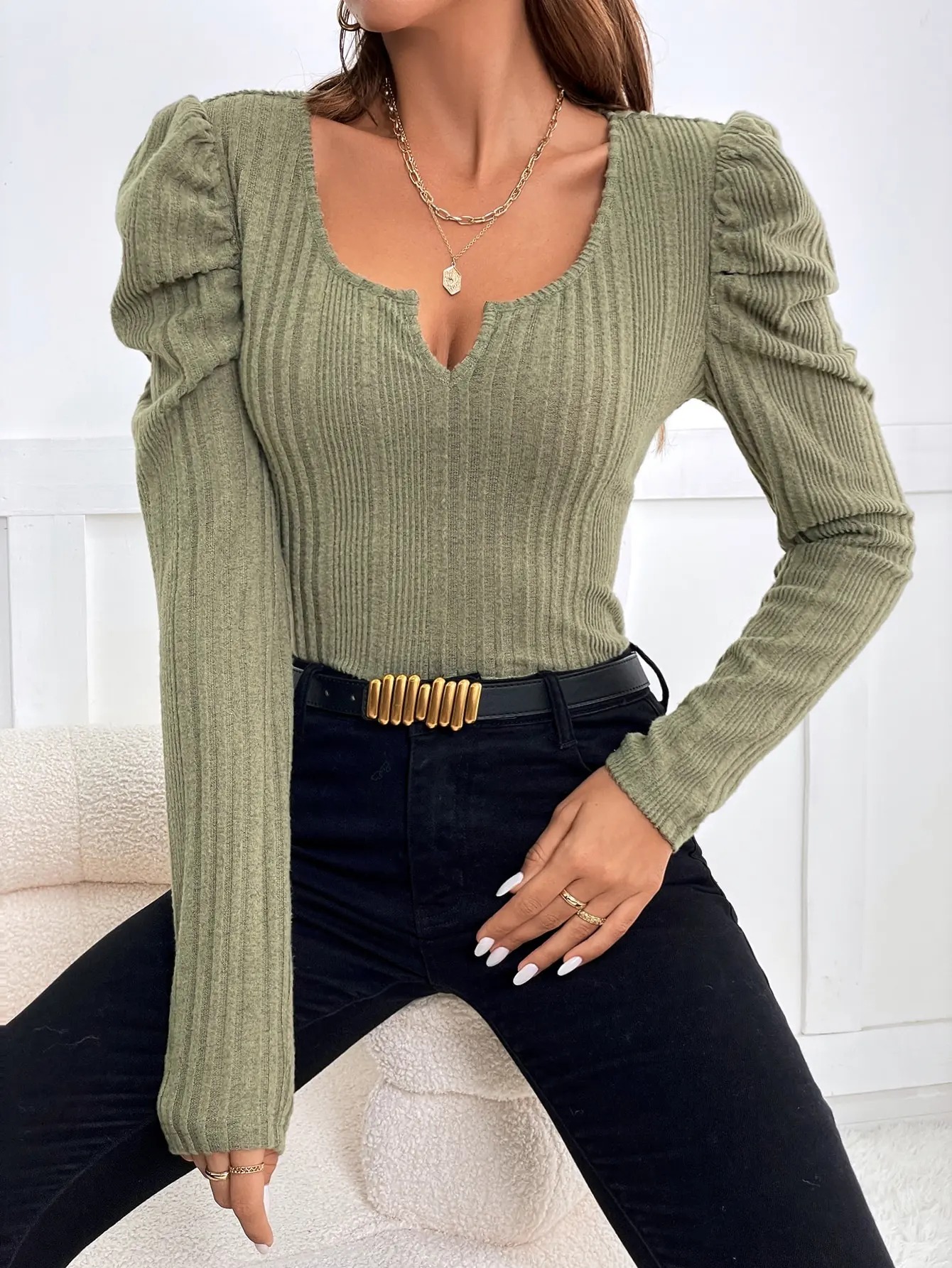 Women’s Square-Cut Collar Long Sleeve Slim Fit Top – Pleated Front & Back Tee for Autumn Winter 2026 - Image 4