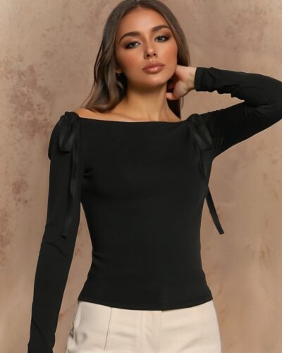Women’s Off-Shoulder Long Sleeve T-Shirt – Elegant Solid Color Casual Top for All-Season Fashion