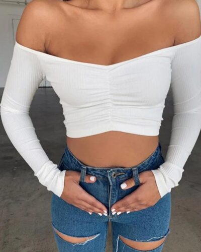 Women’s Off-Shoulder Long Sleeve T-Shirt – Solid Color Slim Fit Basic Tee for Autumn Streetwear Fashion