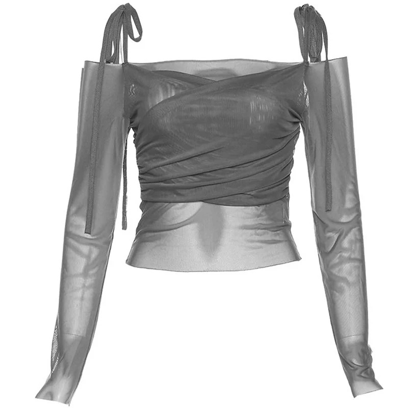 Women’s Y2K Streetwear Slash Neck Off-Shoulder Long Sleeve Mesh Crop Top – Slim Fit Straps Tee - Image 2